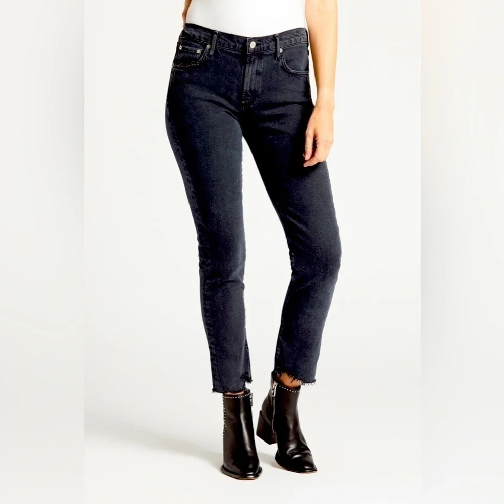 Agolde Toni Mid Rise Straight Leg Jeans Distressed Raw Fray Hem Black Wash sz 26